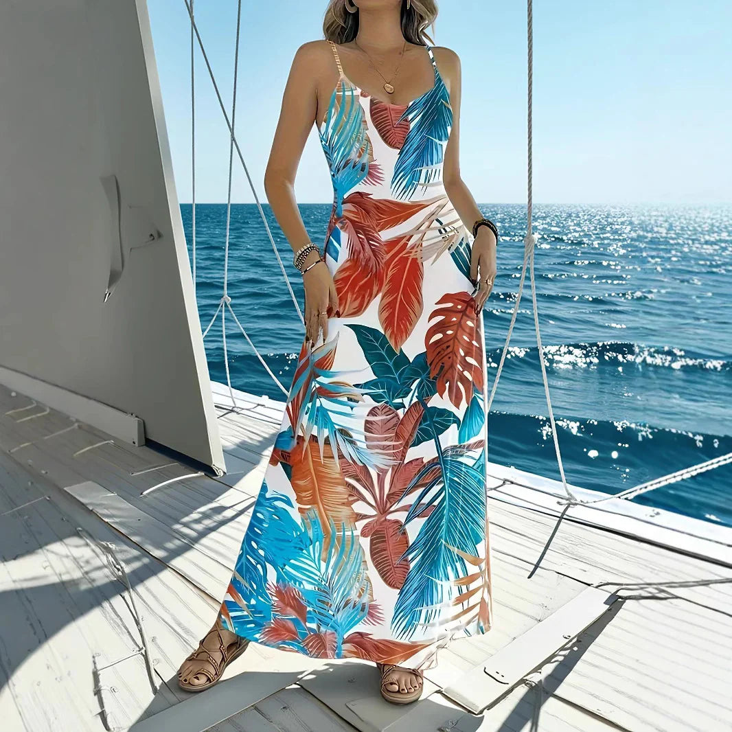 Damklänning maxi – Luftig passform – Spagettiband – Tropiskt bladmönster – Ärmlös