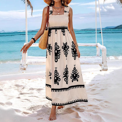 Damklänning maxi – Bohemiskt mönster – Lätt bomull – Smockliv – Volangband