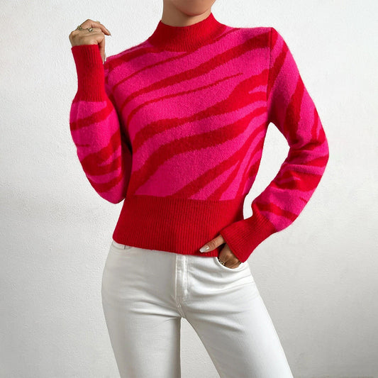 Damtröja – Mjukstickad – Regular Fit – Zebramönster – Halvhög Krage – Ribbade Kanter