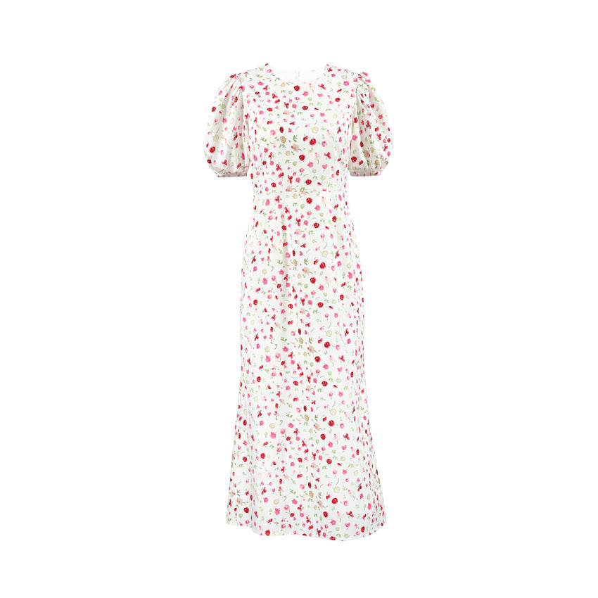 Damklänning – Slim Fit – Blommig Midiklänning – Puffärm – Hög Midja