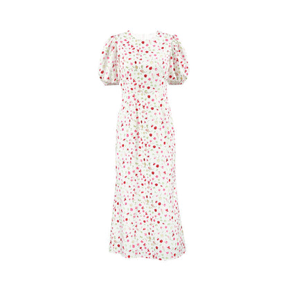 Damklänning – Slim Fit – Blommig Midiklänning – Puffärm – Hög Midja