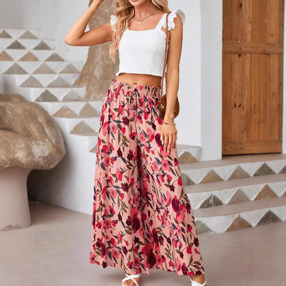 Dam Vida Byxor – Chiffon – Blommigt Mönster – Dragsko Midja – Full Längd