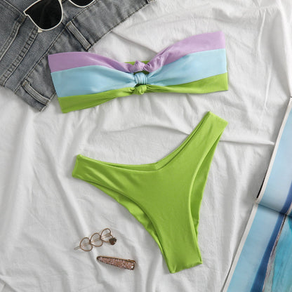 Dam Bikini Set – Bandeau Topp med Knut – Hög Benskärning – Stretch Snabbtorkande