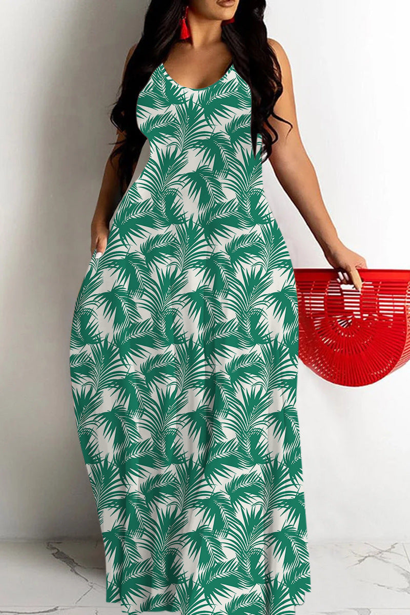 Damklänning maxi – Djup V-ringning – Spagettiband – Abstrakt mönster