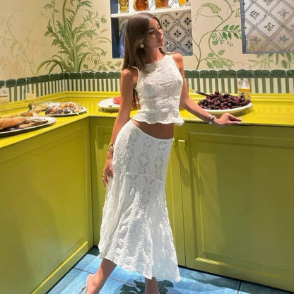 Damset – Texturerad Ärmös Crop Top – A-linjeformad Midikjol – Avslappnad Passform