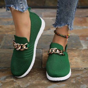 Damloafers – Mjuk Stickad Slip-on – Rund Tå – Kedjedetalj – Andningsbar Komfort