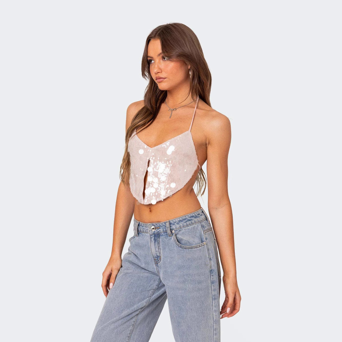 Dam Crop Top – Paljett – Figurnära Passform – Halterneck – Djup V-ringning – Festtop