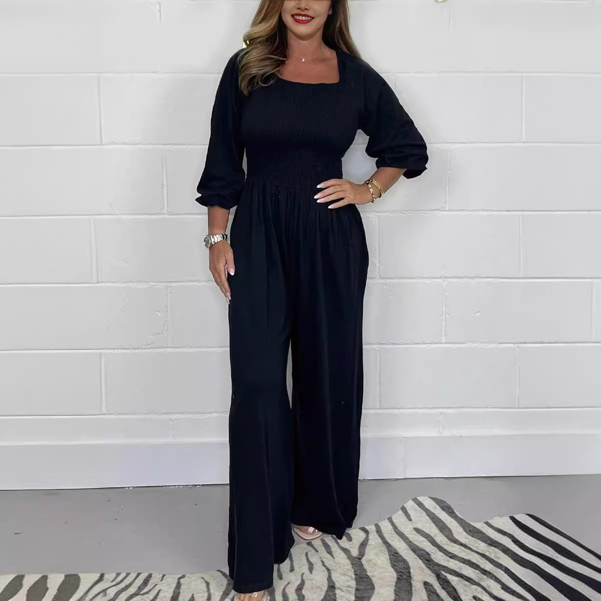 Damoverall – Smockad Livdel – Cottonblandning – Vida Ben – 3/4 Puffärm – Fyrkantig Halsringning