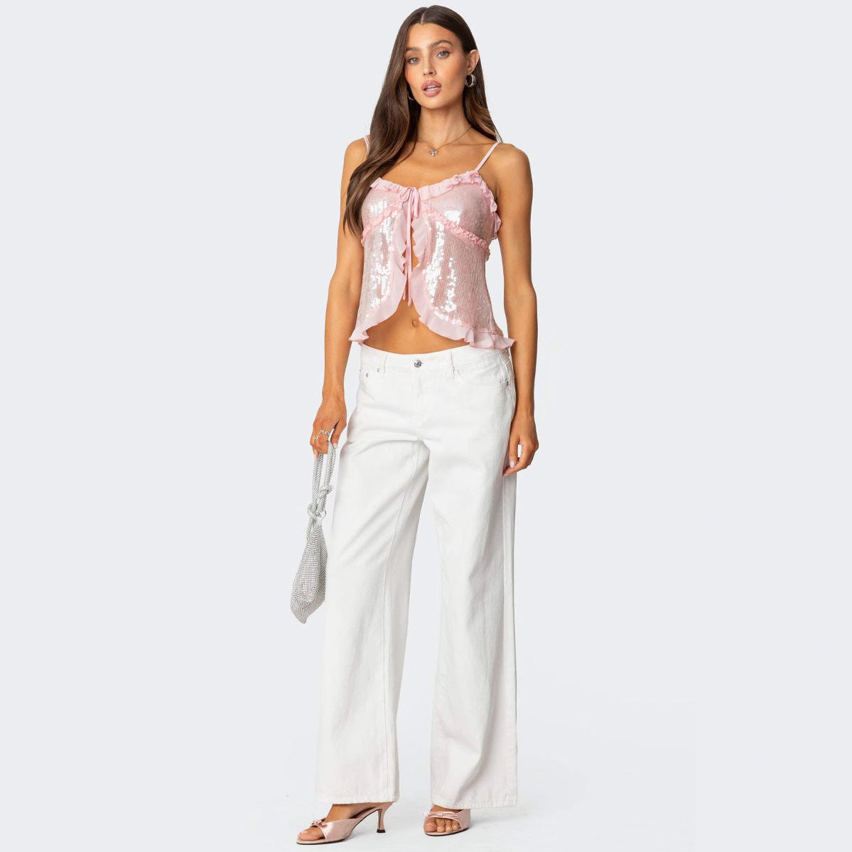 Dam Crop Top – Paljettprydd – Figurnära Passform – Halterneck – Volangdetaljer