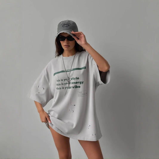 Dam T-shirt – Oversize passform – Bomullsblandning – Vintage slitna detaljer