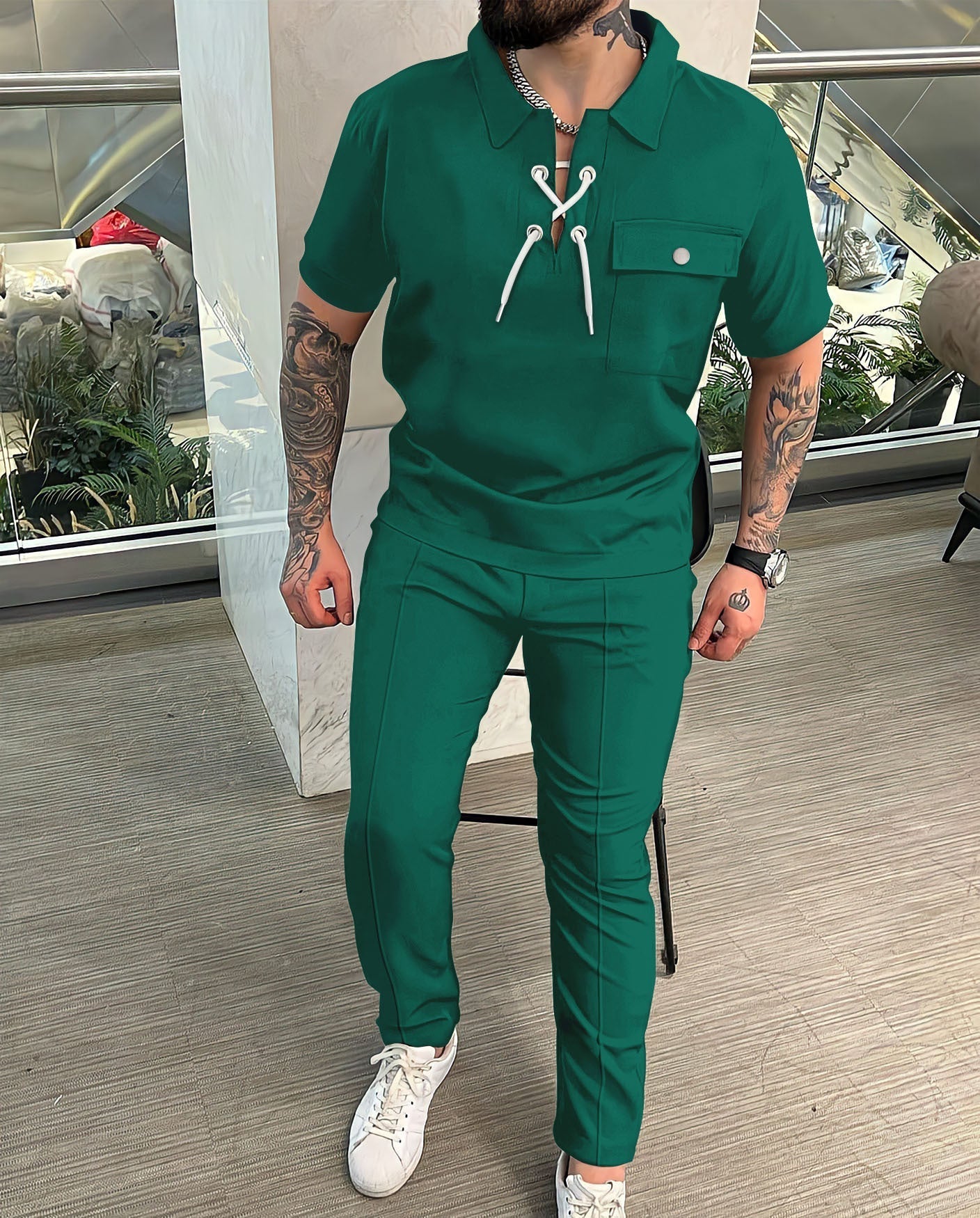 Herr Tvådelat set – Slim fit – Kortärmad med dragsko – Andningsbar stilren look