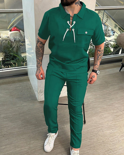 Herr Tvådelat set – Slim fit – Kortärmad med dragsko – Andningsbar stilren look