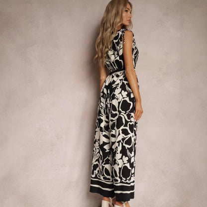 Damjumpoverall – V-ringning ärmlös – Avslappnad passform – Knytmidja – Print hel längd