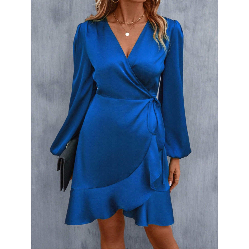 Damklänning – Omlottmodell – Satin – Lång Ärm – Asymmetrisk Fåll