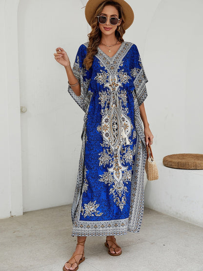 Damklänning maxi – V-ringning – Kort vida ärmar – Lätt lyxigt tyg – Mönstrad design