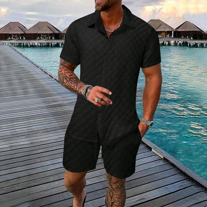 Herr Set med Skjorta och Shorts – Jacquard – Avslappnad Passform – Kortärmad Skjorta