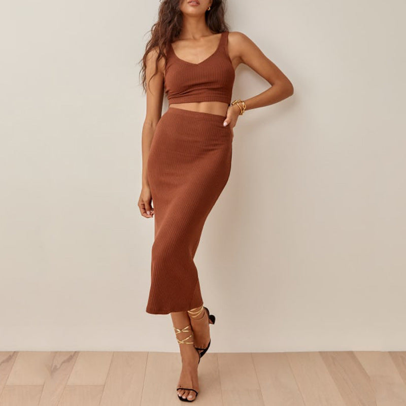 Damset – Ribbstickad Crop Top och Högmidjad Midikjol – Slim Fit