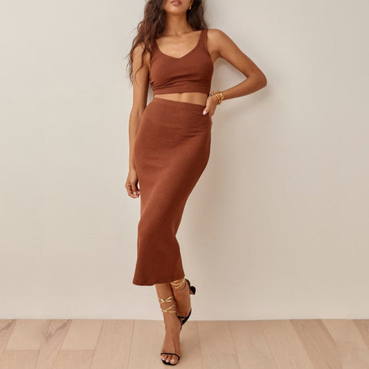 Damset – Ribbstickad Crop Top och Högmidjad Midikjol – Slim Fit