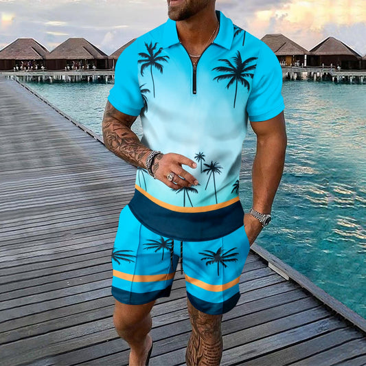 Herrset med skjorta och shorts – Slim Fit – Bomullsblandning – Tropiskt mönster – Dragkedja i halsen