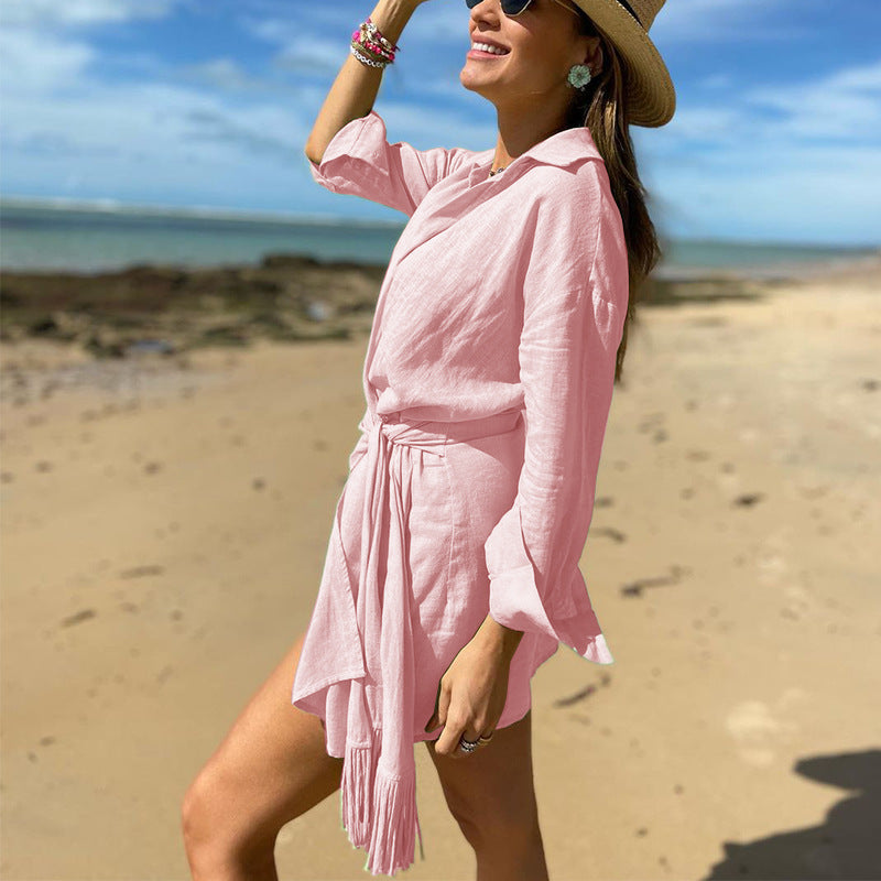 Damklänning omlott – bomullslin – avslappnad passform – minilängd – långa ärmar