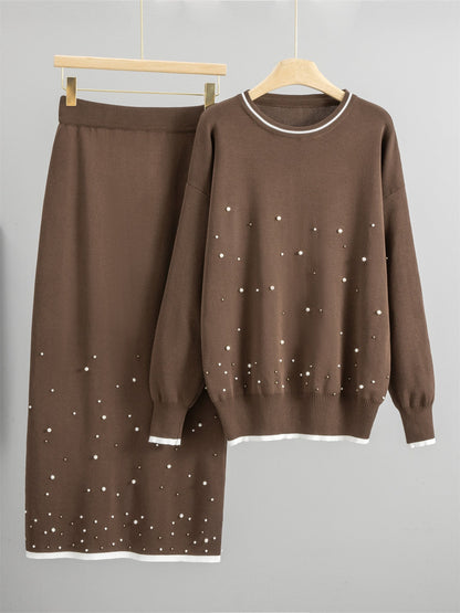 Damset med stickad topp och midikjol – Lös passform – Pärldetaljer – Ullmix