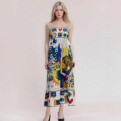 Damklänning lång – Abstrakt mönster – Smala axelband – Löst sittande luftig passform