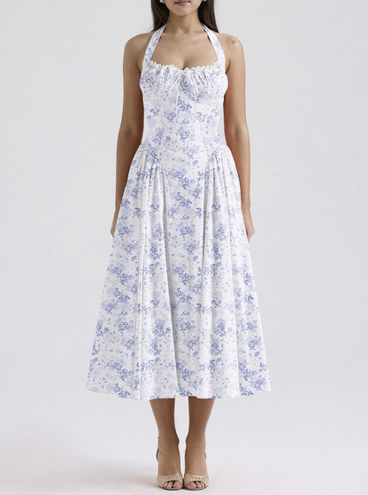 Damklänning – Slim Fit – Halterneck – Rygglös – Rynkad Liv – Midilång Vidd Kjol