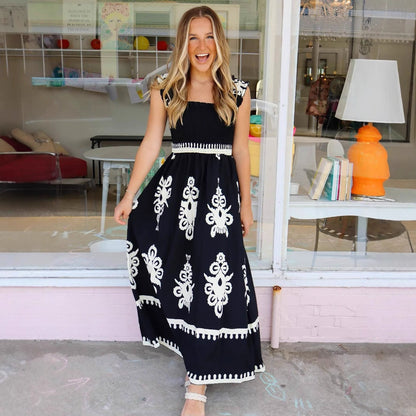 Damklänning maxi – Bohemiskt mönster – Lätt bomull – Smockliv – Volangband