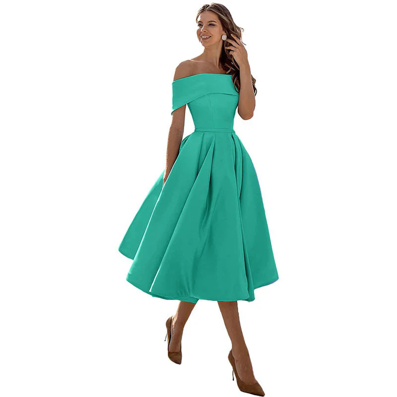Damklänning – Off-Shoulder – Figurnära Liv – Utställd Kjol – Tealängd Elegant Stil