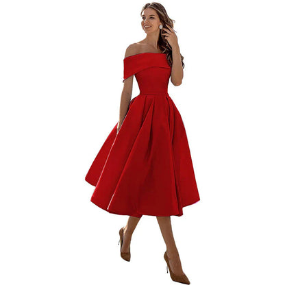 Damklänning – Off-Shoulder – Figurnära Liv – Utställd Kjol – Tealängd Elegant Stil
