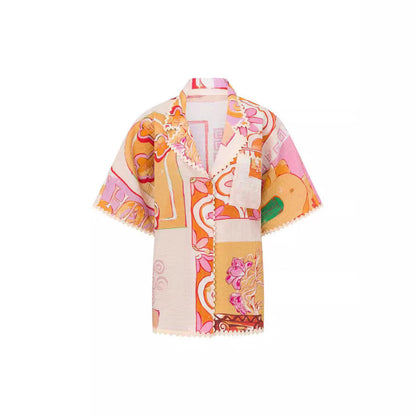 Damset i linne – Avslappnad passform – V-ringad topp med vida ärmar – Vida byxor med resårmidja