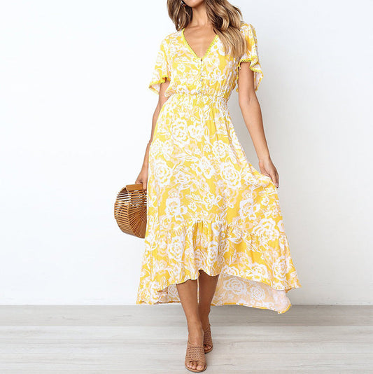 Damklänning Maxi – Andningsbart Material – A-Linje – V-Ringning – Blommigt Mönster – Volangfåll – Korta Ärmar