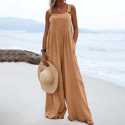 Dam Jumpsuit - Vid Passform - Ärm lös - Lång Byxa med Fickor - Casual