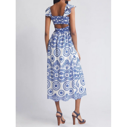 Damklänning midi – Bomull – Avslappnad passform – Fyrkantig ringning – Volangärm