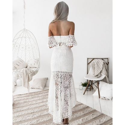 Damset – Off Shoulder Bustier Top i Spets – Högmidjad Pennkjol – Figurnära Passform