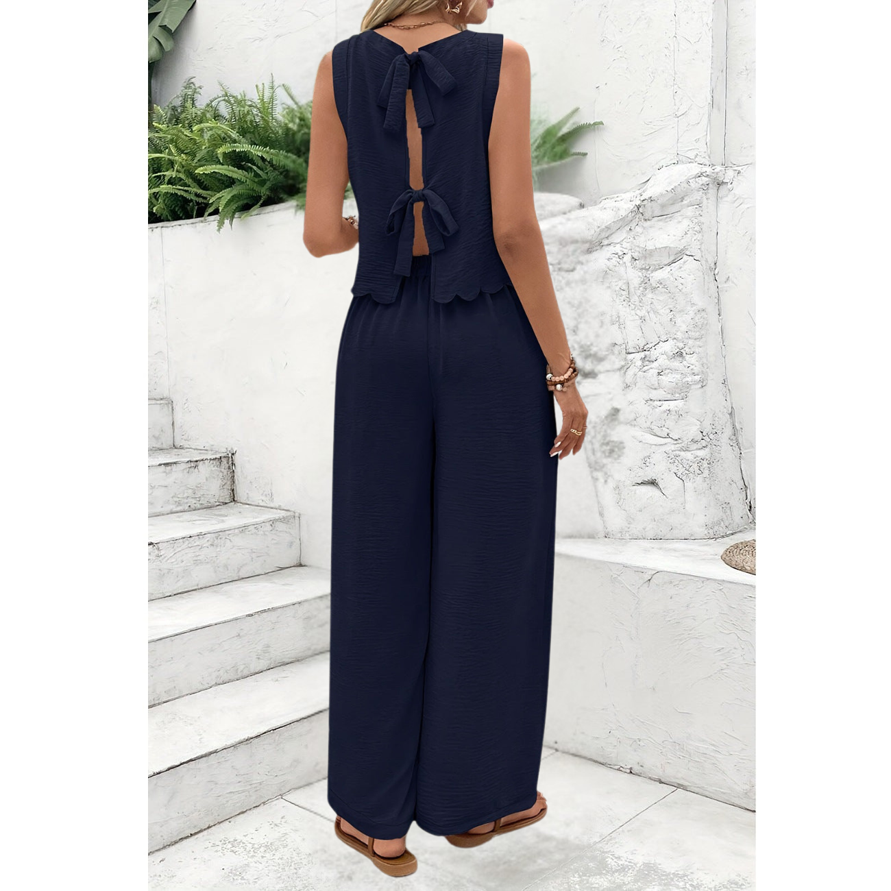 Damset med ärmlös topp och vida byxor – Lätt vävd – Avslappnad passform