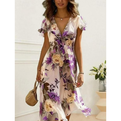 Damklänning – Chiffong – V-ringning – Ryschärm – Blommigt Mönster – Midilängd