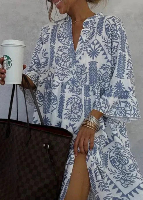 Damklänning – Miniklänning – V-ringning – 3/4-ärm – Avslappnad Passform – Luftigt Tyg