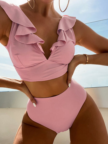Dam Bikini Set – Volang V-ringad Topp – Hög Midja – Stretchig Andningsbar Passform