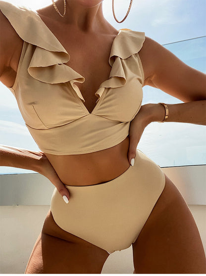 Dam Bikini Set – Volang V-ringad Topp – Hög Midja – Stretchig Andningsbar Passform