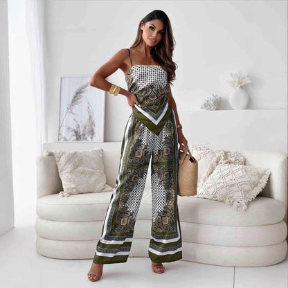 Damset – Spaghettibandtop med vid byxa – Avslappnad passform – Lyxigt tyg – Elegant mönster