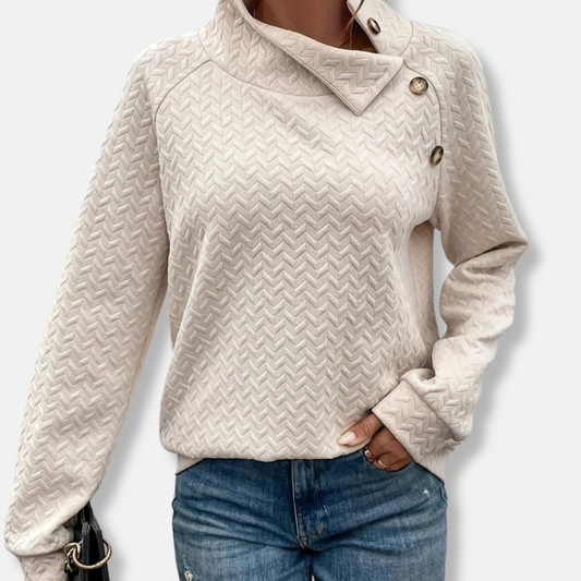 Dam Sweatshirt – Avslappnad Passform – Sicksackstickad Struktur – Hög Hals – Knappdetalj