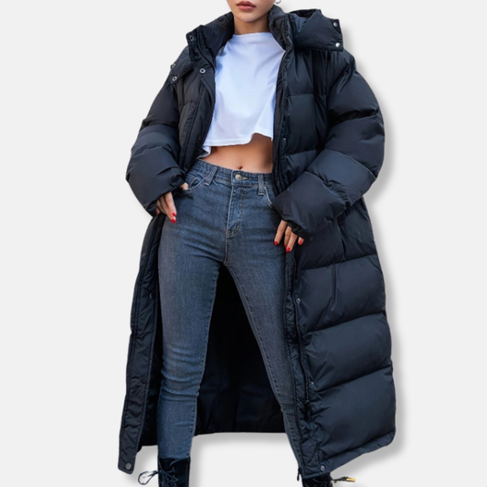 Dam Lång Dunjacka – Oversize Passform – Guiltad – Hel Längd – Huva – Dragkedja
