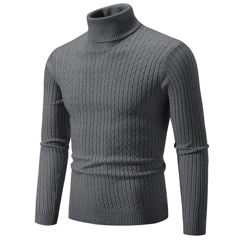 Herr Turtlenecktröja – Slim Fit – Ullstickad – Kabelstickning – Ribbade detaljer