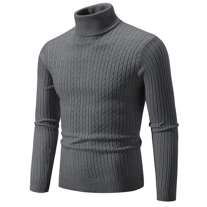 Herr Turtlenecktröja – Slim Fit – Ullstickad – Kabelstickning – Ribbade detaljer