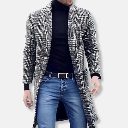 Herr Trenchcoat – Slim Fit – Ullmix – Smårutigt Mönster – Klassisk Notchslagskrage