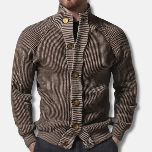 Herrkofta – Slim Fit – Ribbstickad Ull – Ståkrage – Raglanärm – Knäppning fram