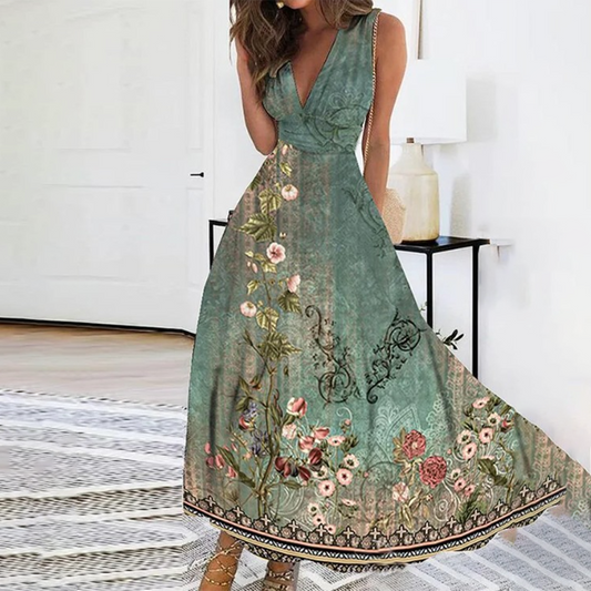 Dam Maxi Klänning - Ärm lös - Djup V-ringning - Blommigt Mönster - Elegant och Bohemisk