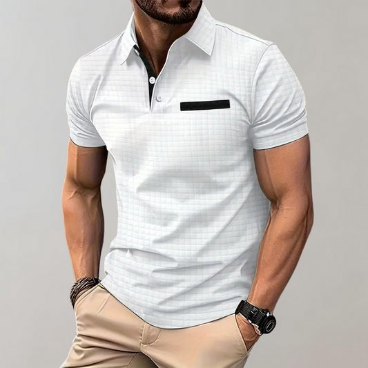 Herr pikétröja – Slim Fit – Mjukstickad – Kontrastkrage – Texturerad design