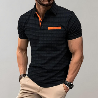 Herr pikétröja – Slim Fit – Mjukstickad – Kontrastkrage – Texturerad design